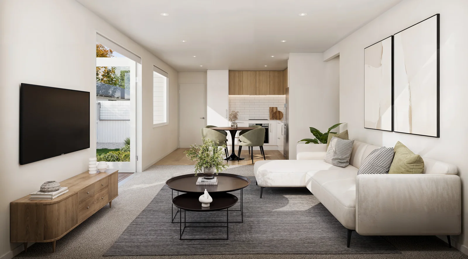 Living and kitchen render for 80 Domain Terrace